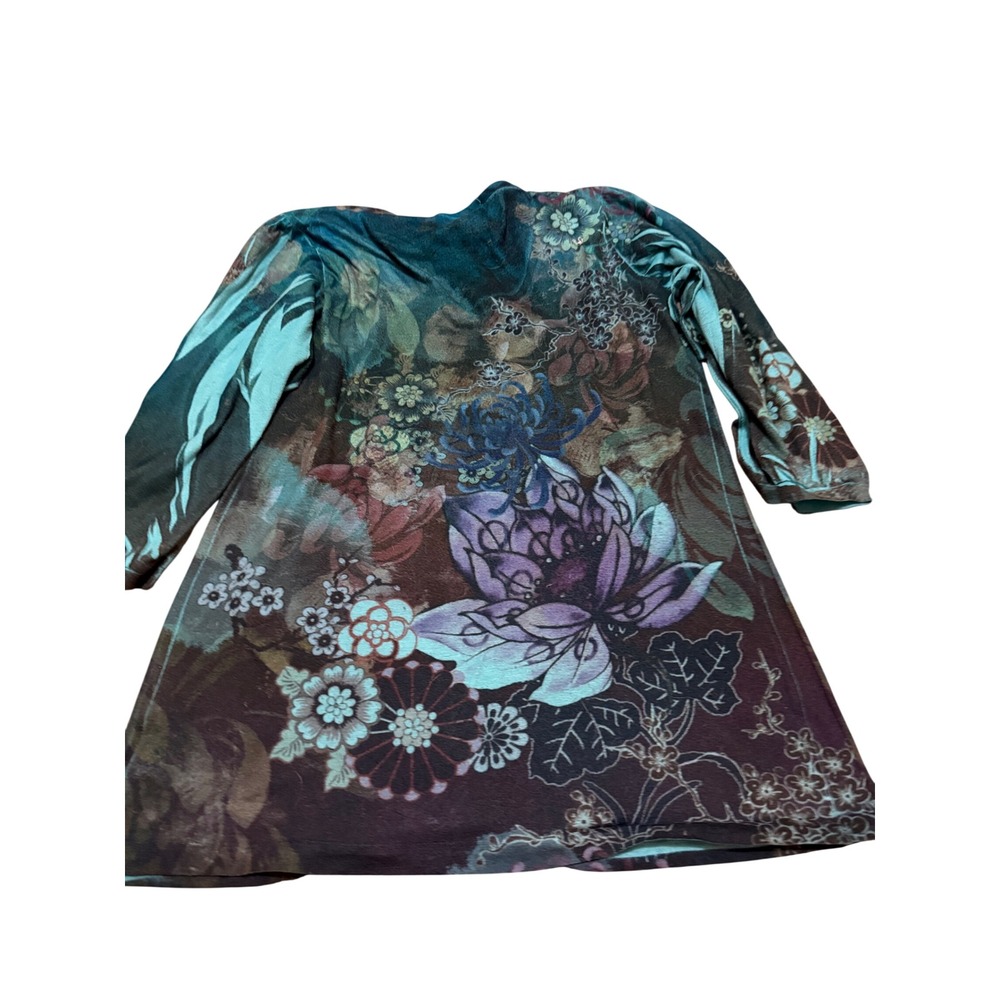 Y2K B.L.E.U. Womens Floral Lotus Rhinestone 3/4 Sleeve Scoop Neck Top M - Picture 2 of 4